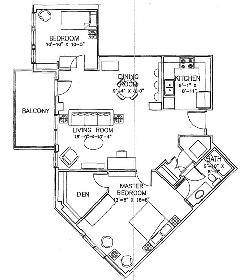 A black and white image of a house floor plan with a balcony, two bedrooms, a living room, a dining room, a kitchen, a master bedroom, and a den.