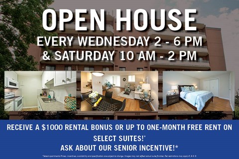 An advertisement for open house events on Wednesdays and Saturdays, offering a $1000 rental bonus or free rent on select suites.