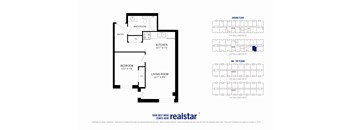 A floor plan for a Realstar apartment is shown with the living room, kitchen, and bedroom dimensions.