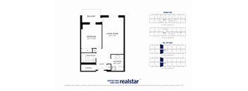 A floor plan for a Realstar apartment is shown with a balcony, bedroom, living room, kitchen, and storage.