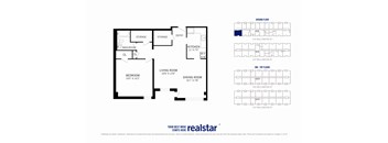 A floor plan for a home with a living room, dining room, and kitchen.