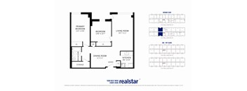 A floor plan for a Realstar apartment shows a living room, two bedrooms, a dining room, a kitchen, and storage.