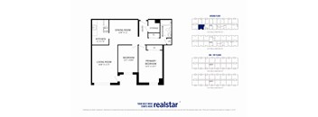 A floor plan for a home with a living room, dining room, kitchen, and two bedrooms.