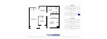 A floor plan for a home with a living room, dining room, kitchen, and two bedrooms.
