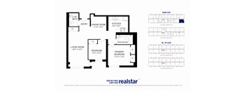 A floor plan for a home with a living room, dining room, kitchen, and bathroom.