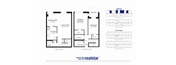 A floor plan for a Realstar apartment is shown with a kitchen, living room, dining room, and bathroom on the lower level.