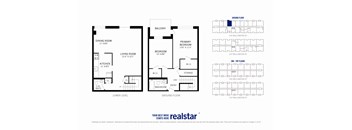 A floor plan for a home with a living room, dining room, kitchen, bathroom, bedroom, and storage.