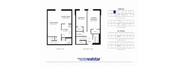 A floor plan for a home with a living room, dining room, kitchen, and two bathrooms.