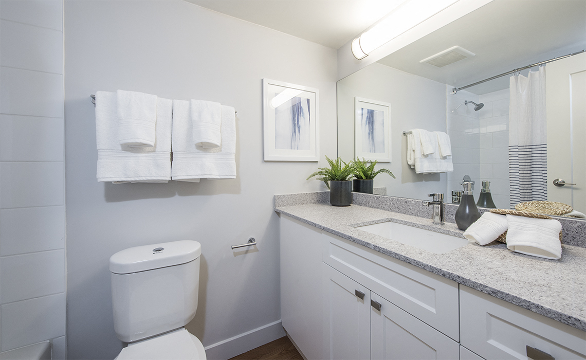 Wesley Place in Vancouver, BC 1 bedroom apartment bathroom with upgraded cabinetry