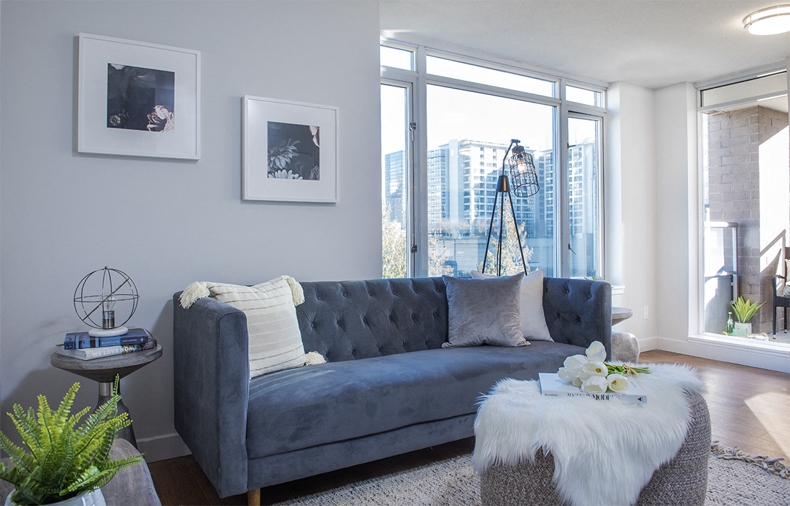 Wesley Place in Vancouver, BC Living room featuring view of Downtown Vancouver