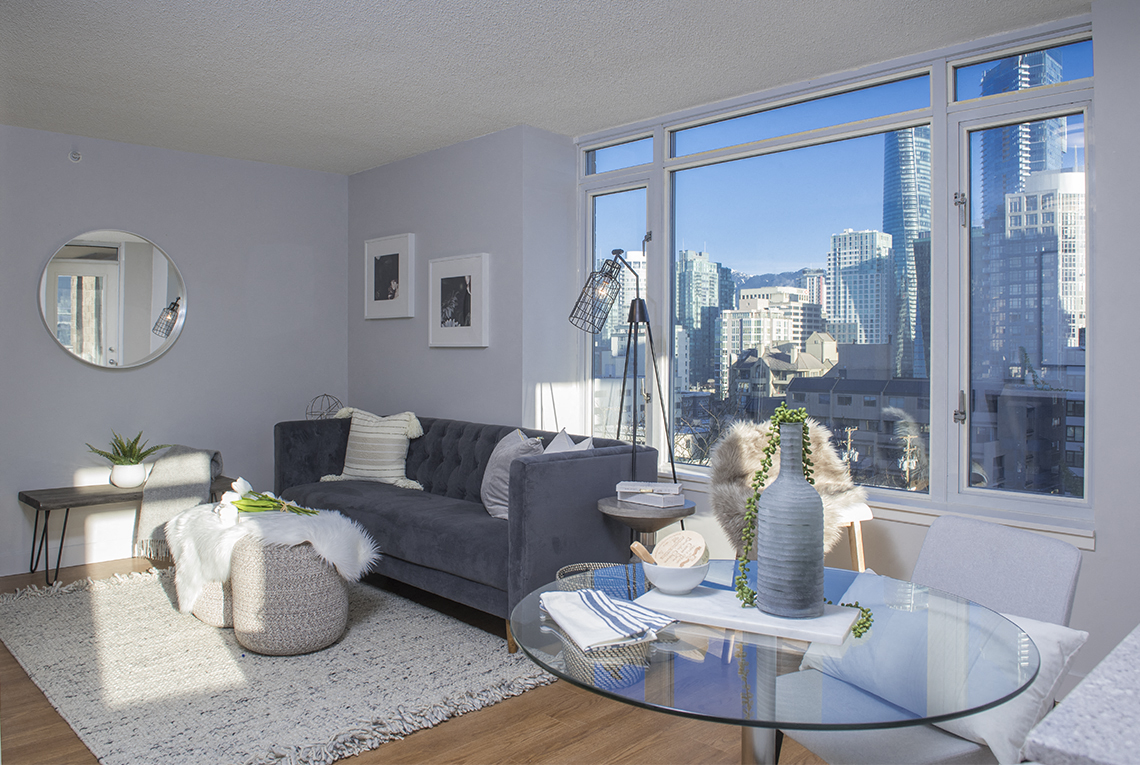 Wesley Place in Vancouver, BC Living room featuring view of Downtown Vancouver