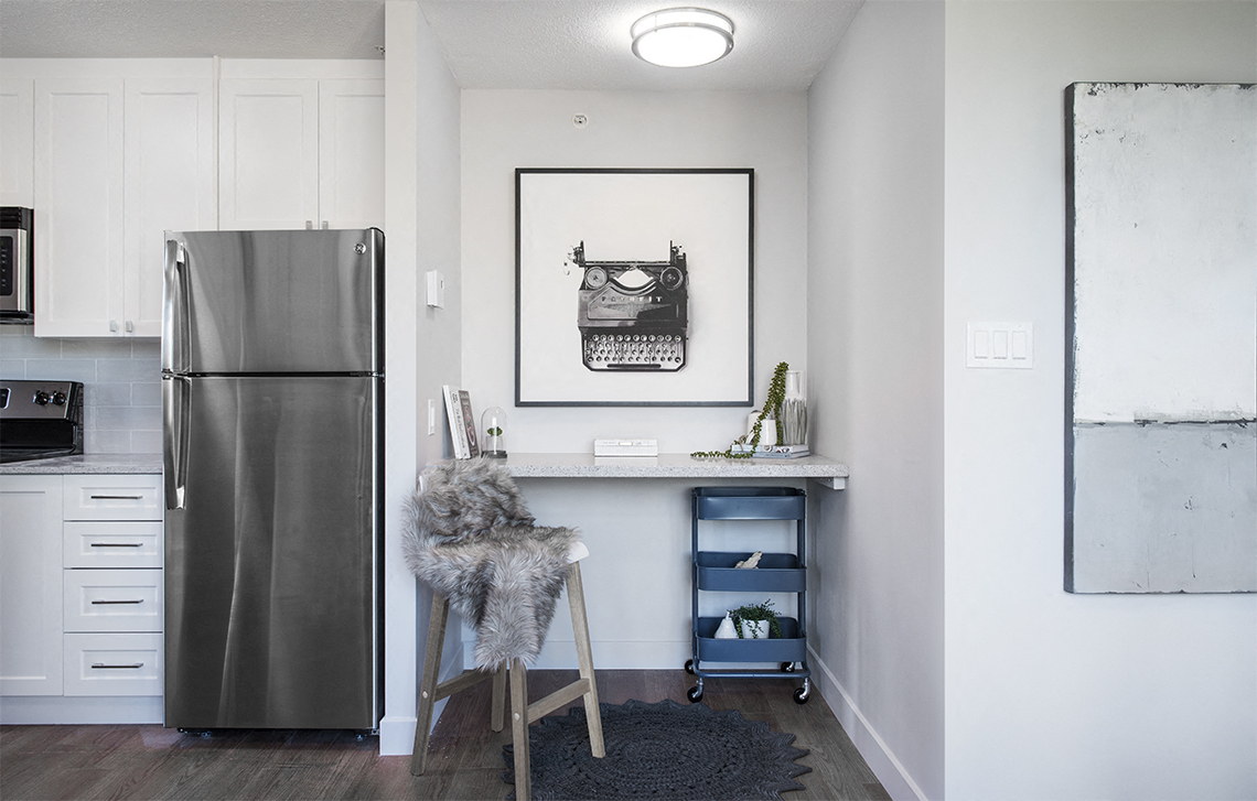 Wesley Place in Vancouver, BC nook beside kitchen used as an office space