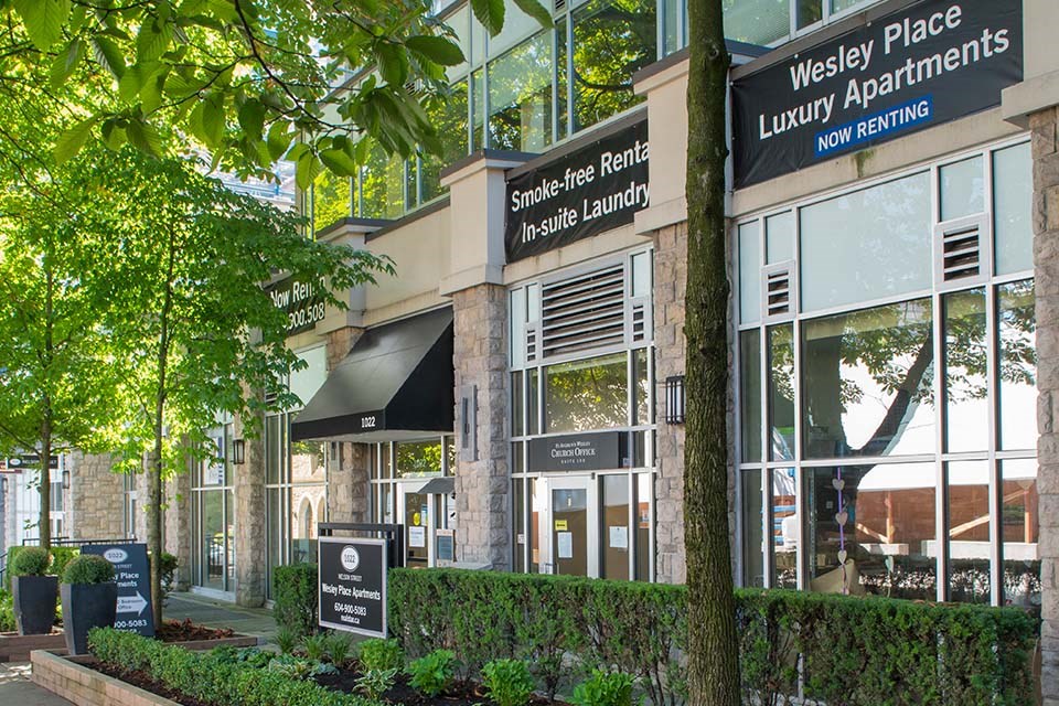 Entrance with awning at Wesley Place in Vancouver, BC