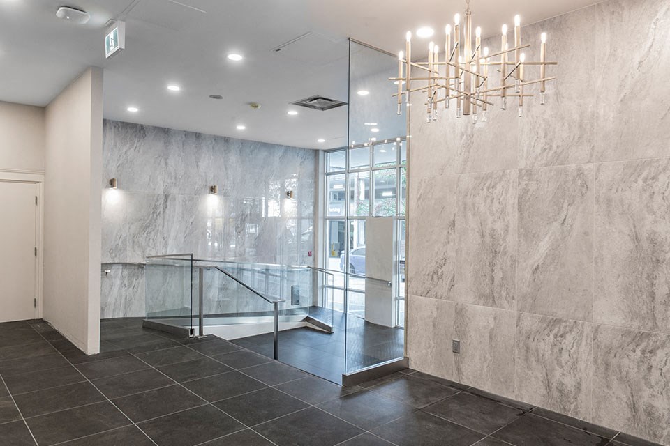 Lobby with stairs and ramp