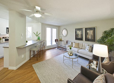 a living room with a couch and a bar