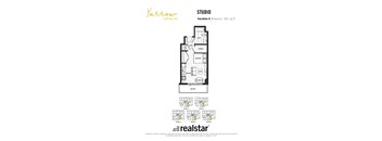 A drawing of a studio apartment layout by realstar.