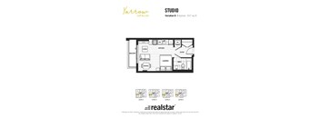 A floor plan for a studio apartment with a balcony and a kitchenette.