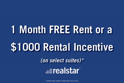 A blue advertisement for a 1 month free rent or a $1000 rental incentive on select suites.