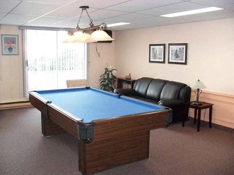 Pickering Towers social room with pool table and couch seating in Amherstburg, ON