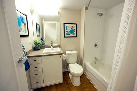 Edgehill Apartments in Barrie, ON Bathroom with a bathtub, toilet, and sink