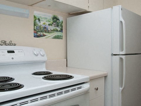 A white stove and refrigerator in a kitchen.