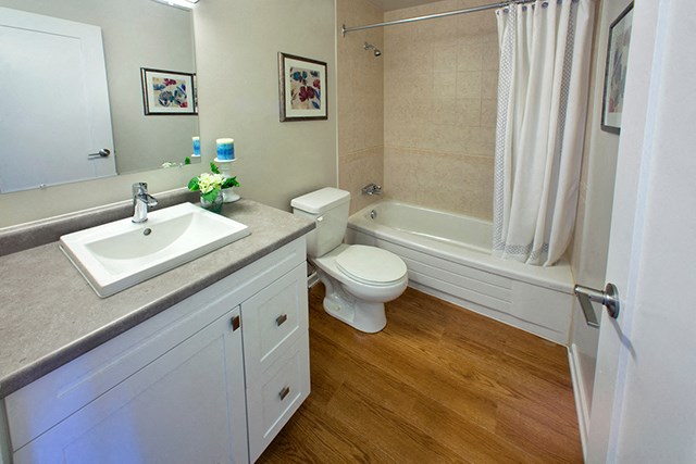 Mountain View Full bathroom with a blue candle, toilet, sink and bathtub in Collingwood, ON