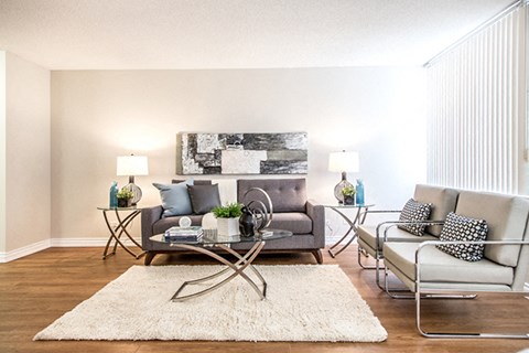 a living room with two couches and a table