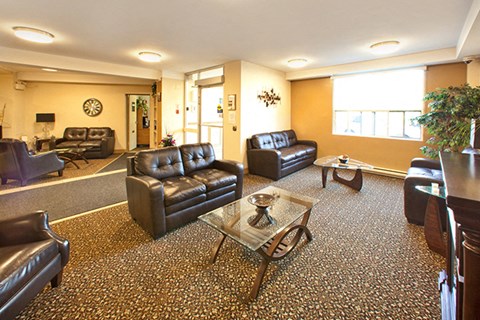 A living room with brown leather furniture and a patterned carpet.