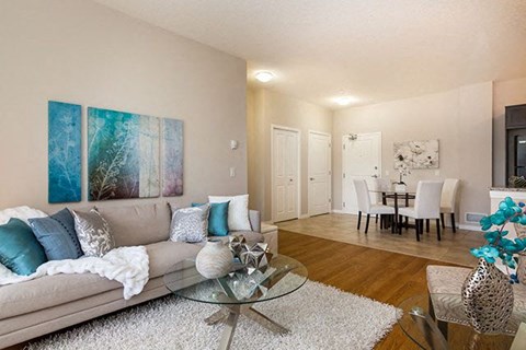 A living room with a grey couch and a glass coffee table.