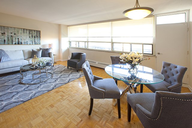 Rockford Apartments dining area with view into living room in Toronto, ON