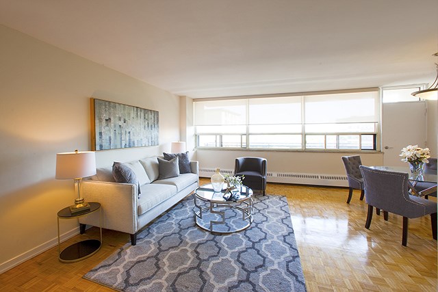 Rockford Apartments spacious living room with wood flooring in Toronto, ON
