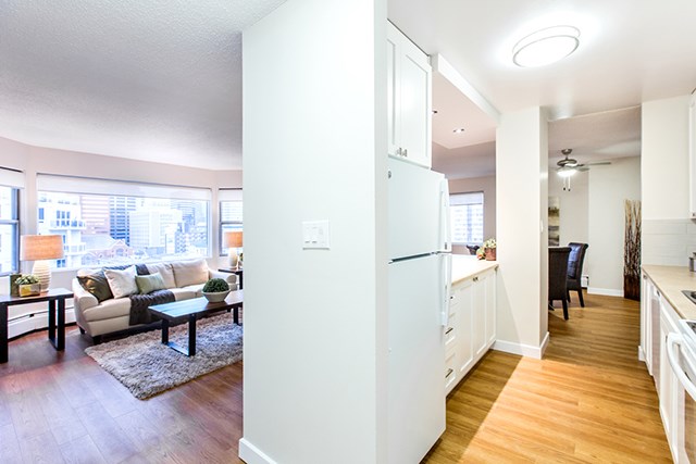 Secord House in Edmonton, AB entrance to apartment opens to living room and ktichen