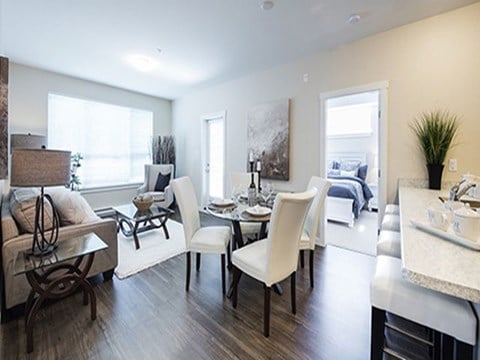 a living room and dining room with a table and chairs