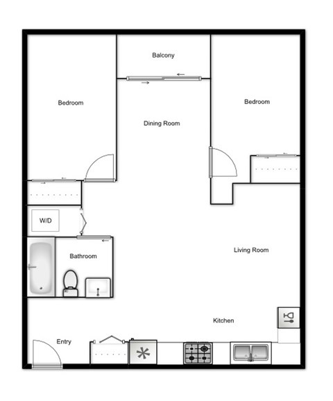 Floor plan of a 2 bed, 1 bath apartment at Novare in New Westminster, BC