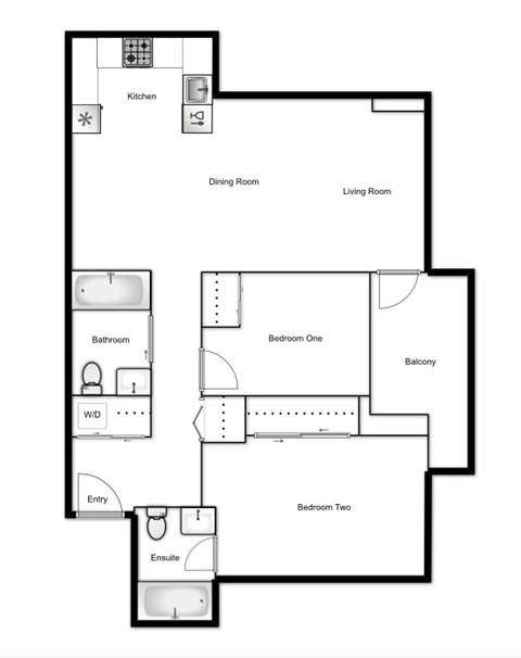 Floor plan of a 2 bed, 2 bath apartment at Novare in New Westminster, BC