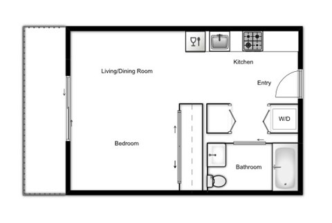 Floor plan of a studio apartment, 1 bath at Novare in New Westminster, BC