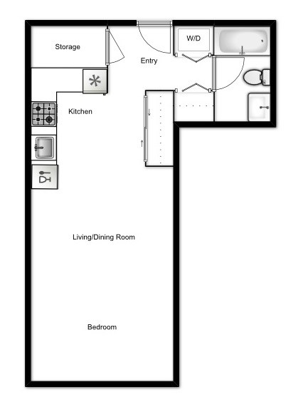 Floor plan of a studio apartment, 1 bath at Novare in New Westminster, BC