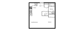 Floor plan of a studio apartment, 1 bath at Novare in New Westminster, BC