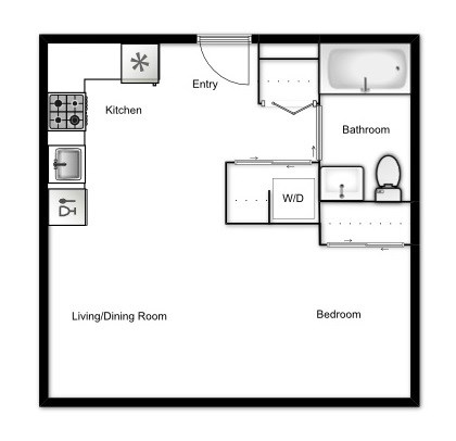 Floor plan of a studio apartment, 1 bath at Novare in New Westminster, BC