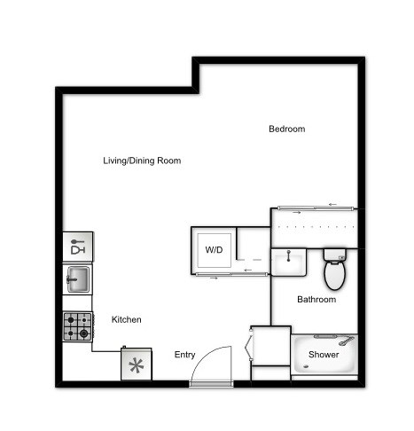 Floor plan of a studio apartment, 1 bath at Novare in New Westminster, BC