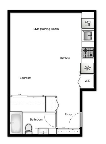 Floor plan of a studio apartment, 1 bath at Novare in New Westminster, BC