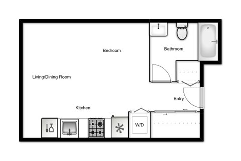 Floor plan of a studio apartment, 1 bath at Novare in New Westminster, BC