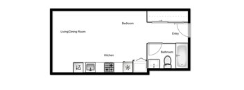 Floor plan of a studio apartment, 1 bath at Novare in New Westminster, BC