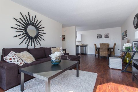 a living room with a couch and a coffee table