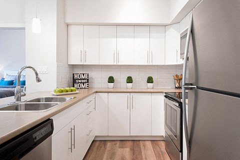 a white kitchen with stainless steel appliances and a sink