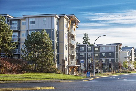 Apartment building with a street in front of it.