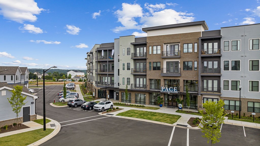 A large apartment complex with the word "Page" on the front.