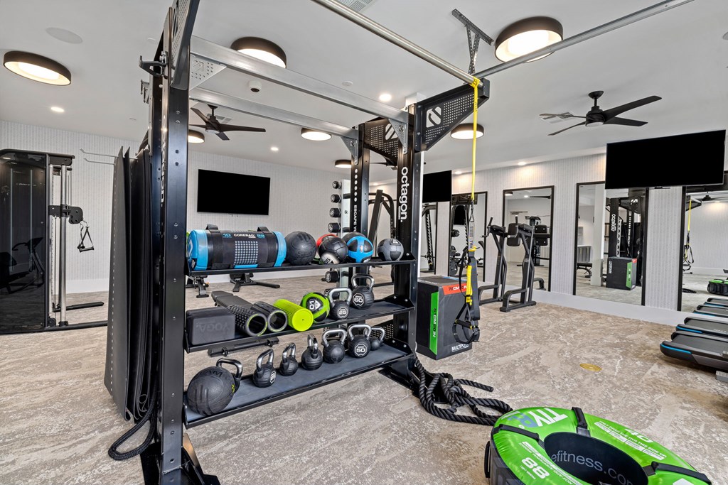 A gym with a variety of equipment including a weight rack, a fan, and a television.