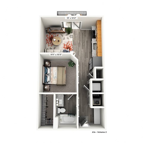a stylized floor plan with a bedroom and a bathroom