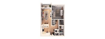 A 3D floor plan of a small apartment with a kitchen, living room, and bathroom.